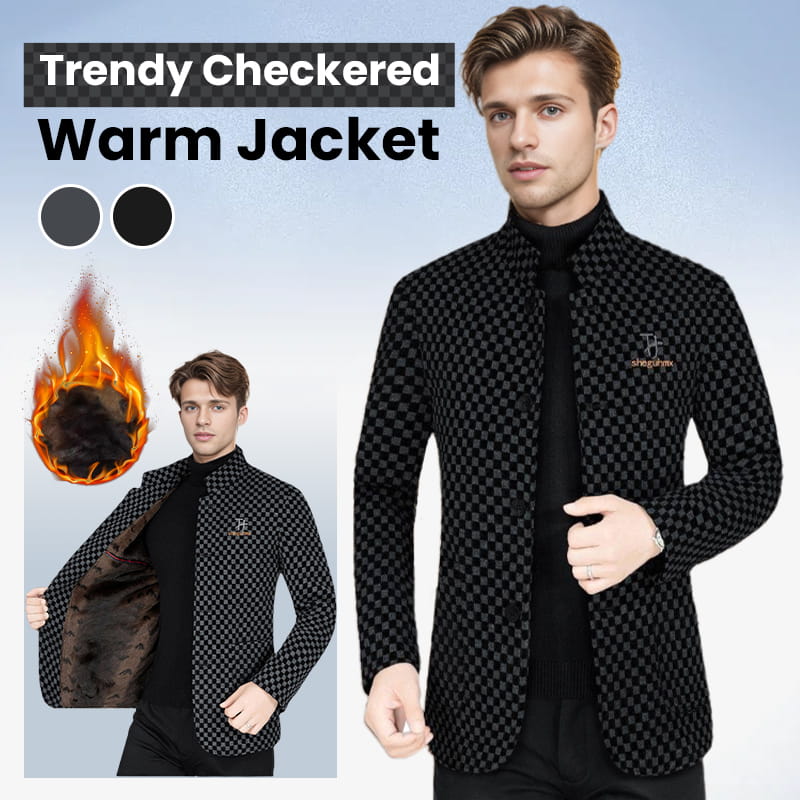 Men's Trendy Checkered Warm Jacket with Pockets - Black | SAVINTARI