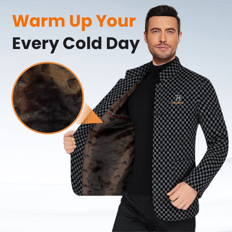Men's Trendy Checkered Warm Jacket with Pockets - Black | SAVINTARI