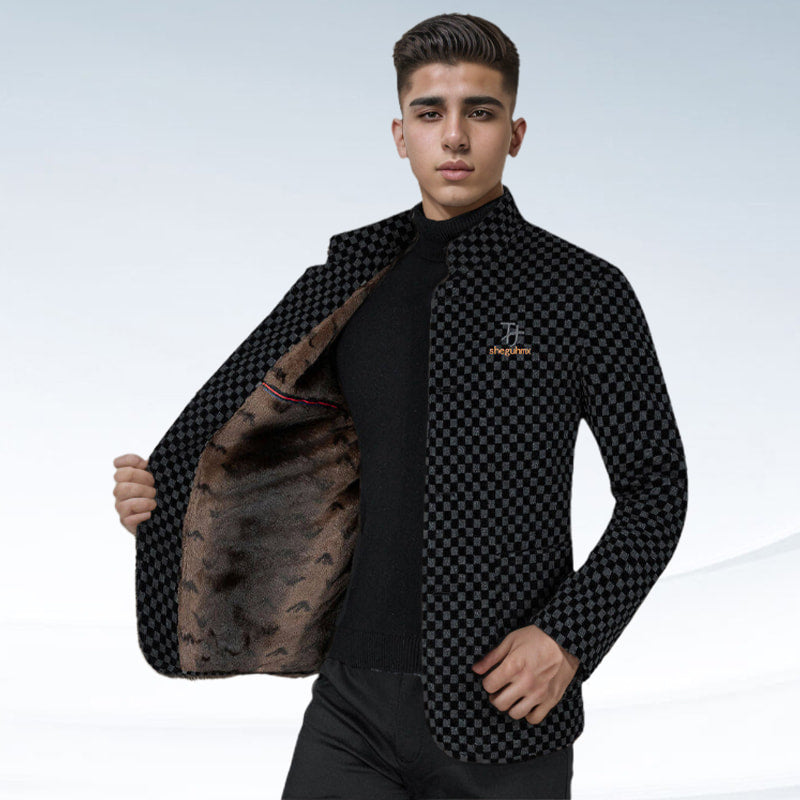 Men's Trendy Checkered Warm Jacket with Pockets - Black | SAVINTARI