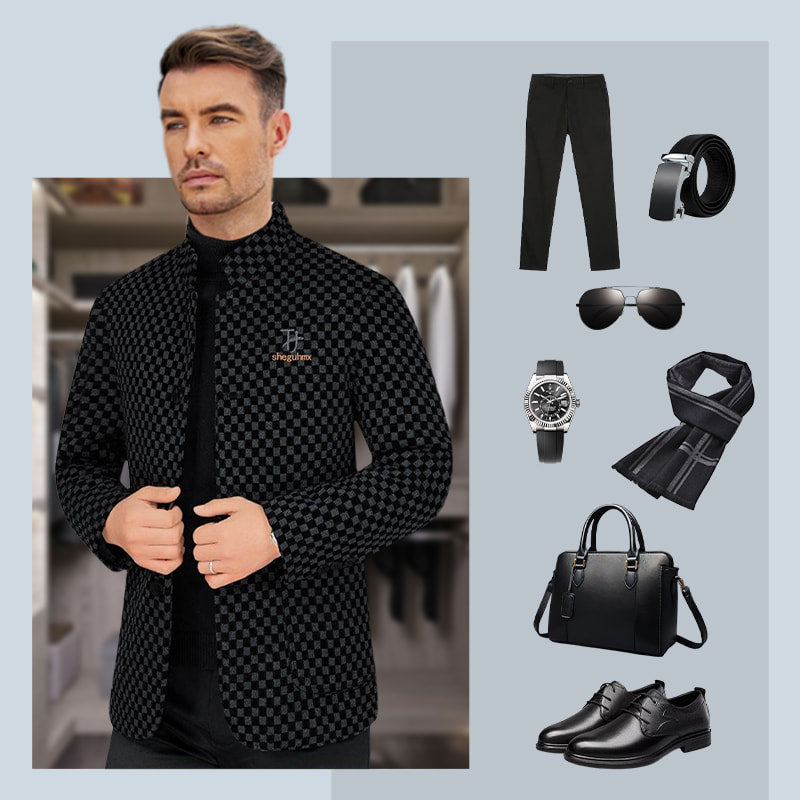 Men's Trendy Checkered Warm Jacket with Pockets - Black | SAVINTARI