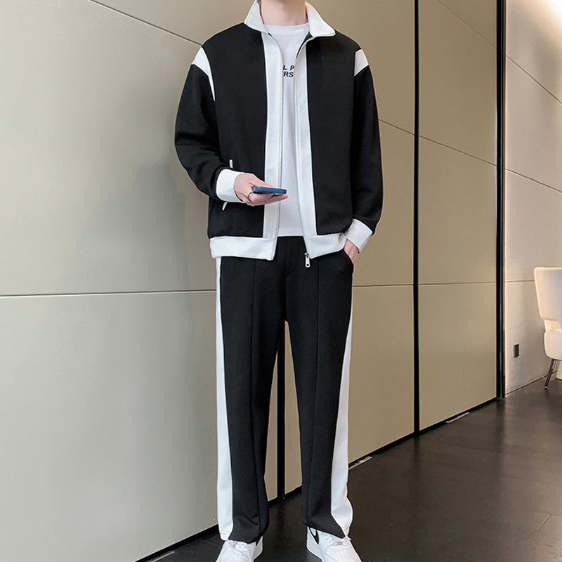 Men's Outfit Casual 2 Piece Contrast Sports Jogging Tracksuits Set（50 - Black | SAVINTARI