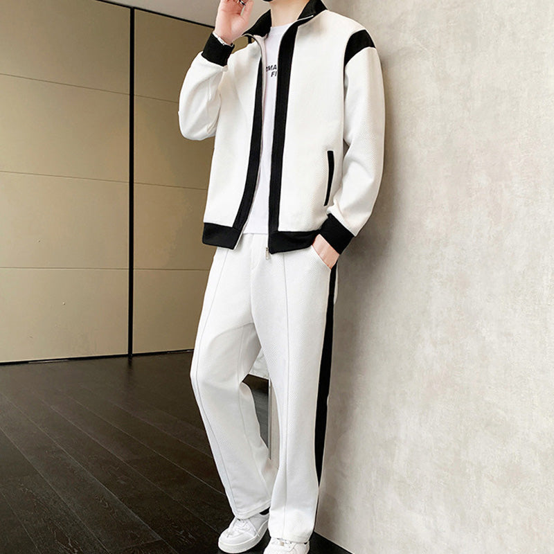 Men's Outfit Casual 2 Piece Contrast Sports Jogging Tracksuits Set（50 - Black | SAVINTARI