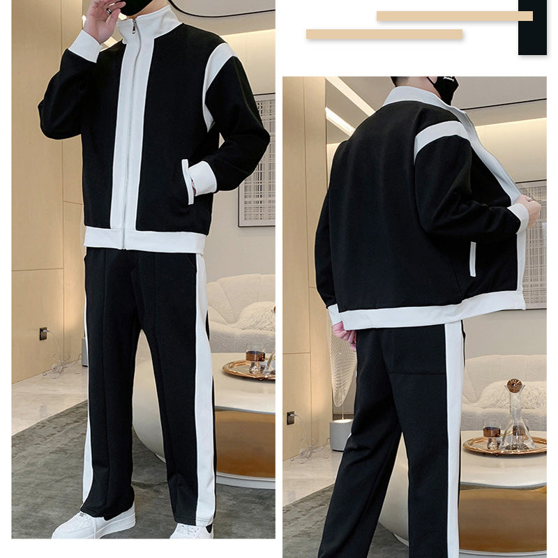 Men's Outfit Casual 2 Piece Contrast Sports Jogging Tracksuits Set（50 - Black | SAVINTARI