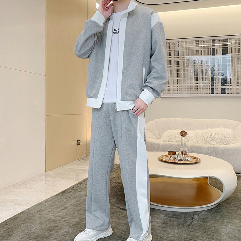 Men's Outfit Casual 2 Piece Contrast Sports Jogging Tracksuits Set（50 - Black | SAVINTARI