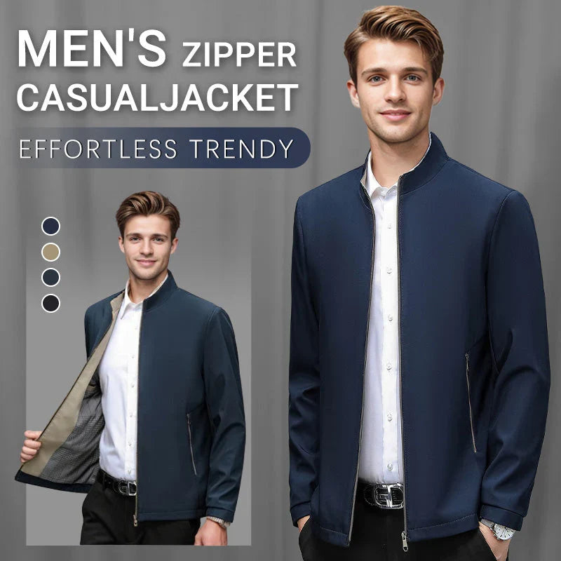 Men's Standing Collar Zipper Casual Jacket（50 - Black | SAVINTARI