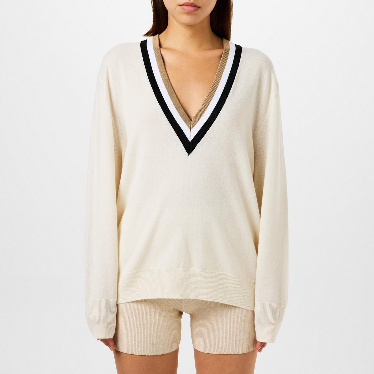 Women's Felipina Knitted Jumper, V-neckline, Stripes - Black | SAVINTARI women's jumper