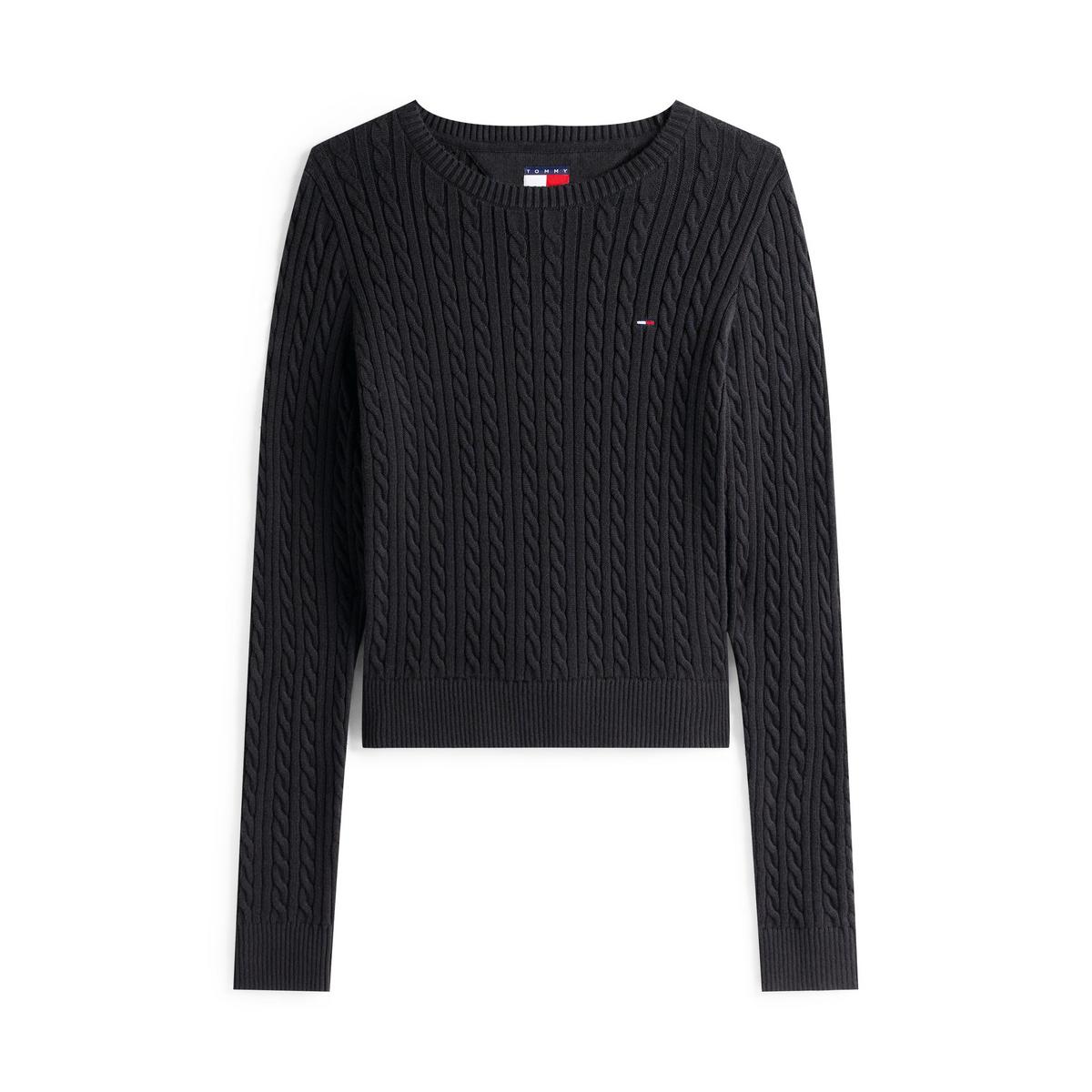 Women's Cable Knit Crew Neck Jumper - Black | SAVINTARI women's jumper