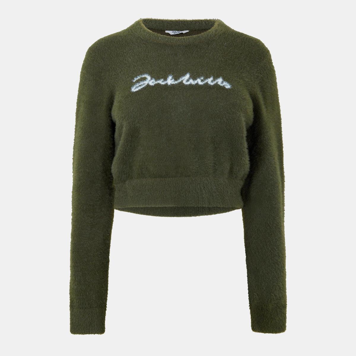 Women's Knitted Jacquard Cropped Crew Neck Jumper - Black | SAVINTARI women's jumper