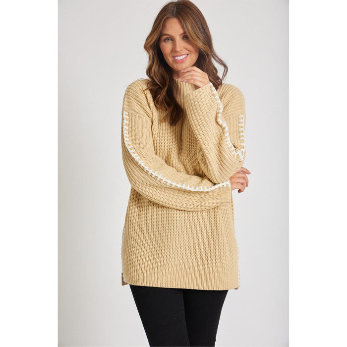 Women's Contrast Stitch Crew Neck Jumper - Black | Crew Neck Everyday Knit | SAVINTARI