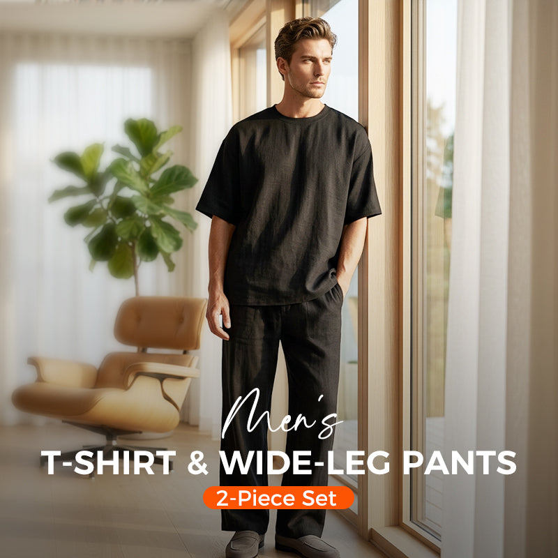 Men's Casual Loose T-shirt & Wide Pants 2-Piece Set Streetwear Matching - Black | SAVINTARI