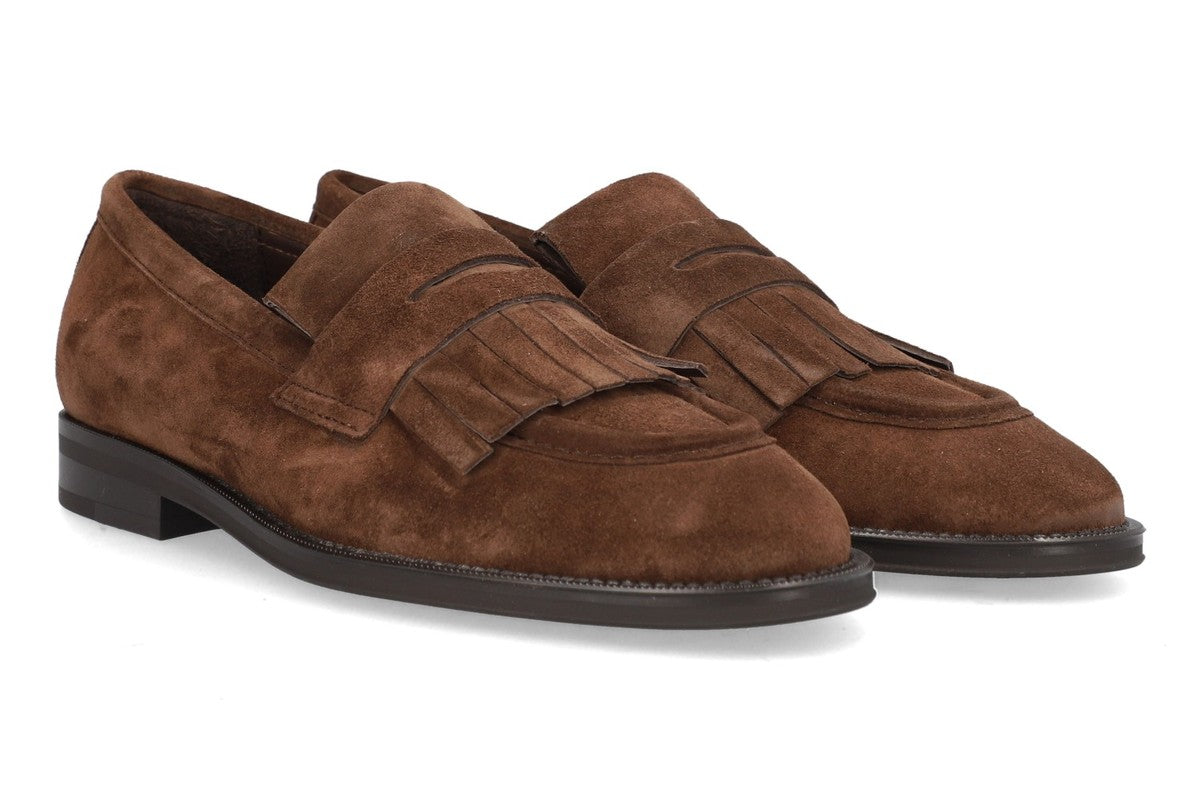 Women's Suede Loafers in Chocolate view 2 | suede fringe loafers | SAVINTARI