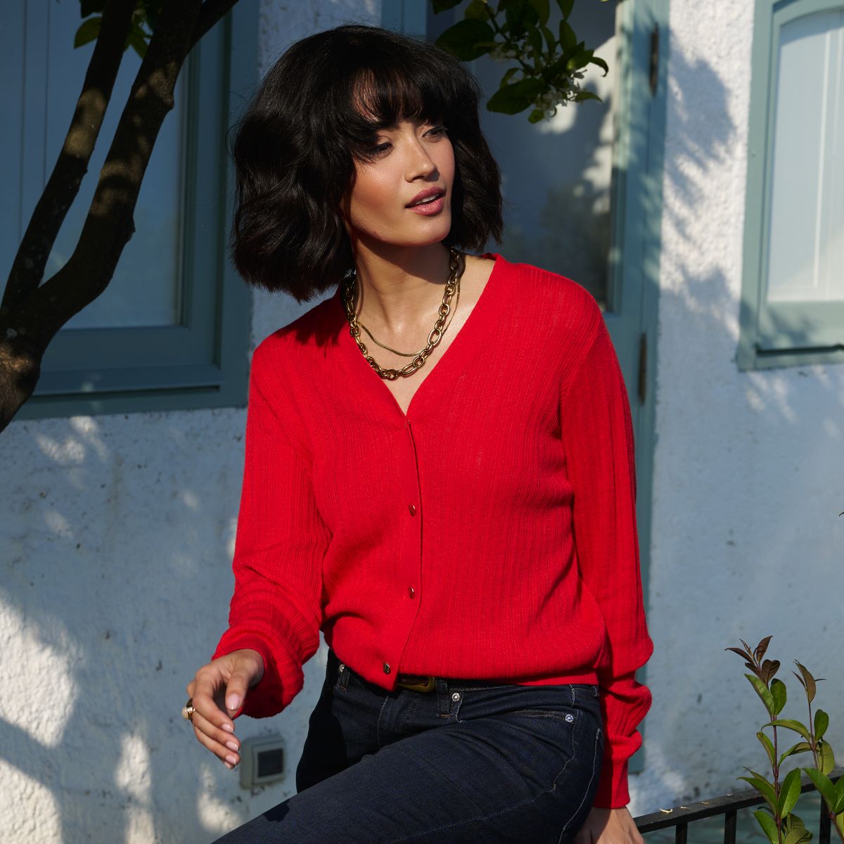 SAVINTARI Women's Rib Knit V-Neck Cardigan with Silk product image