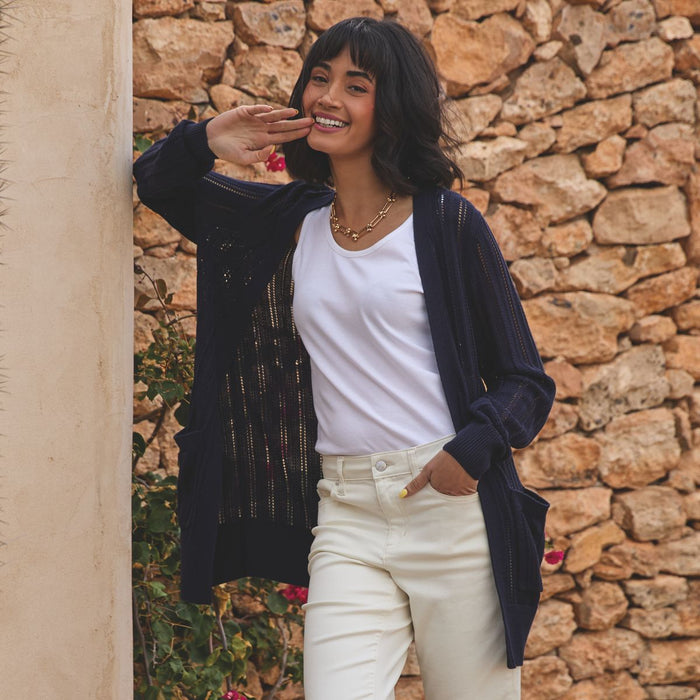 SAVINTARI Women's Soft Drape Linen Blend Long Pointelle Cardigan