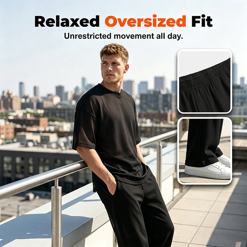 Men's Casual Loose T-shirt & Wide Pants 2-Piece Set Streetwear Matching - Black | SAVINTARI
