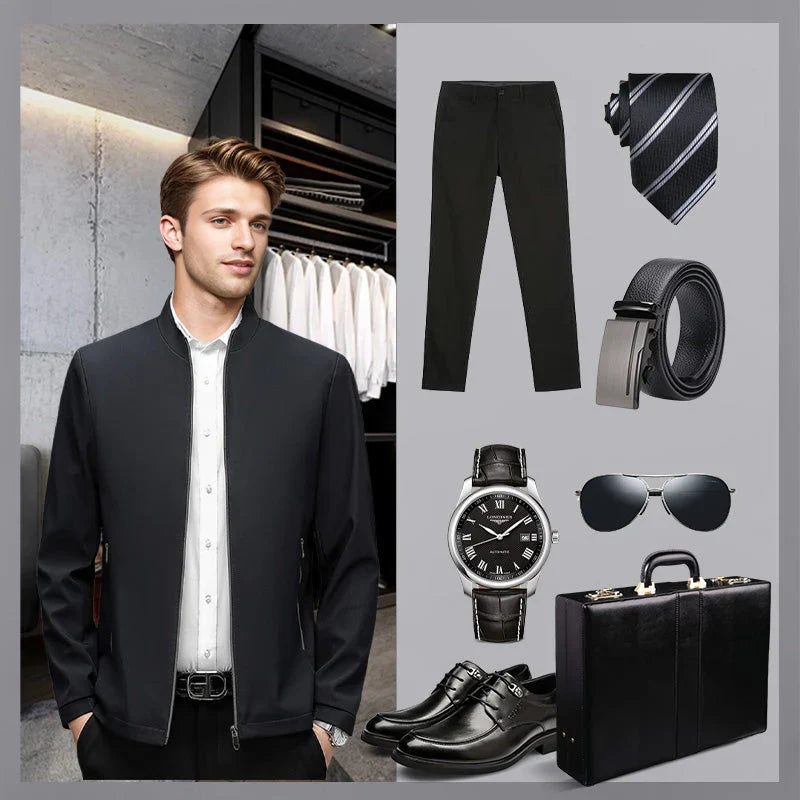 Men's Standing Collar Zipper Casual Jacket（50 - Black | SAVINTARI