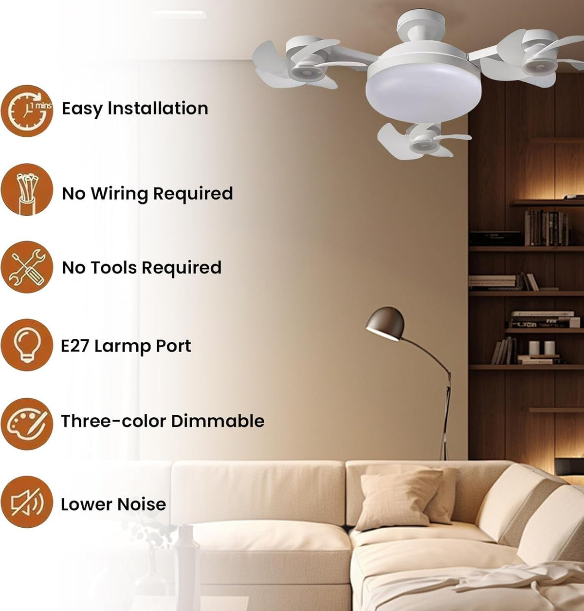 Ventilador de Techo con Luz LED y Mando a Distancia - Lámpara Ventilador E27 Plegable, Silencioso y Bajo Consumo