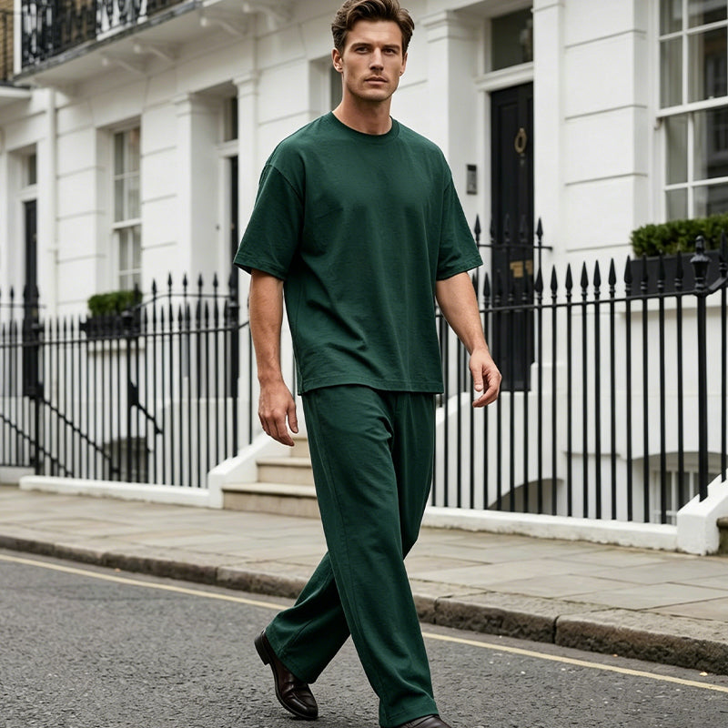 Men's Casual Loose T-shirt & Wide Pants 2-Piece Set Streetwear Matching - Black | SAVINTARI