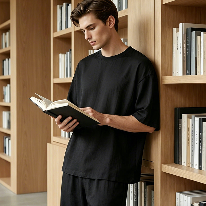 Men's Casual Loose T-shirt & Wide Pants 2-Piece Set Streetwear Matching - Black | SAVINTARI