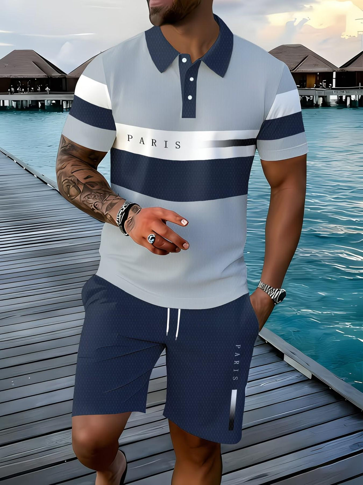 Men's Short Sleeve Casual Set, Summer Beach Fashion Sport Wear, Plaid - A（Blue） | SAVINTARI