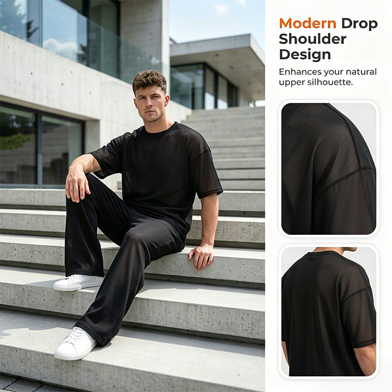 Men's Casual Loose T-shirt & Wide Pants 2-Piece Set Streetwear Matching - Black | SAVINTARI