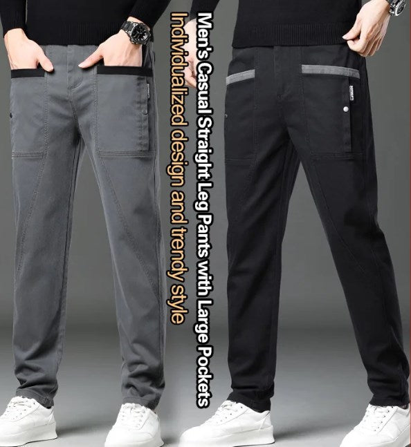 Men's Casual Stretch Straight Leg Pants with Large Pockets（50 - Black-Regular | SAVINTARI