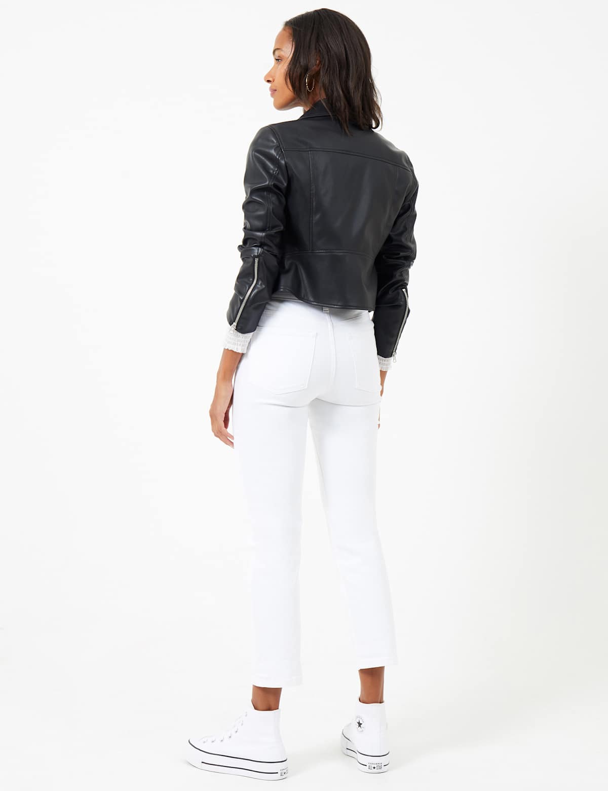 Women's Faux Leather Cropped Biker Jacket - Black | leather jacket | SAVINTARI