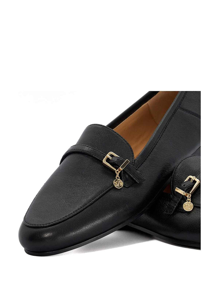 Women's Leather Buckle Slip On Flat Loafers - Black | Work to Weekend Loafers | SAVINTARI
