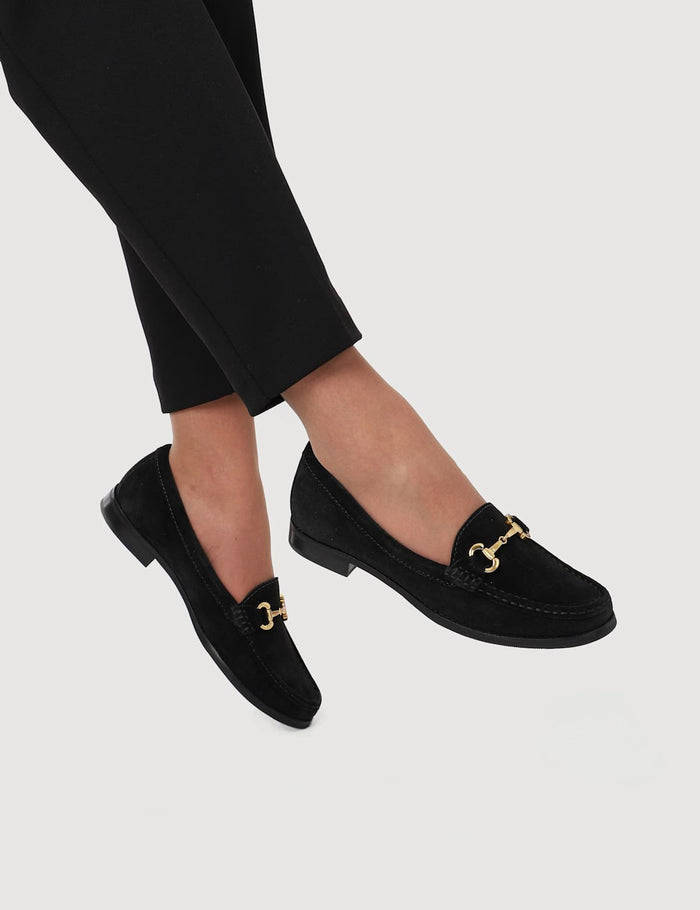 Women's Leather Block Heel Loafers - Black Mix | Work to Weekend Loafers | SAVINTARI