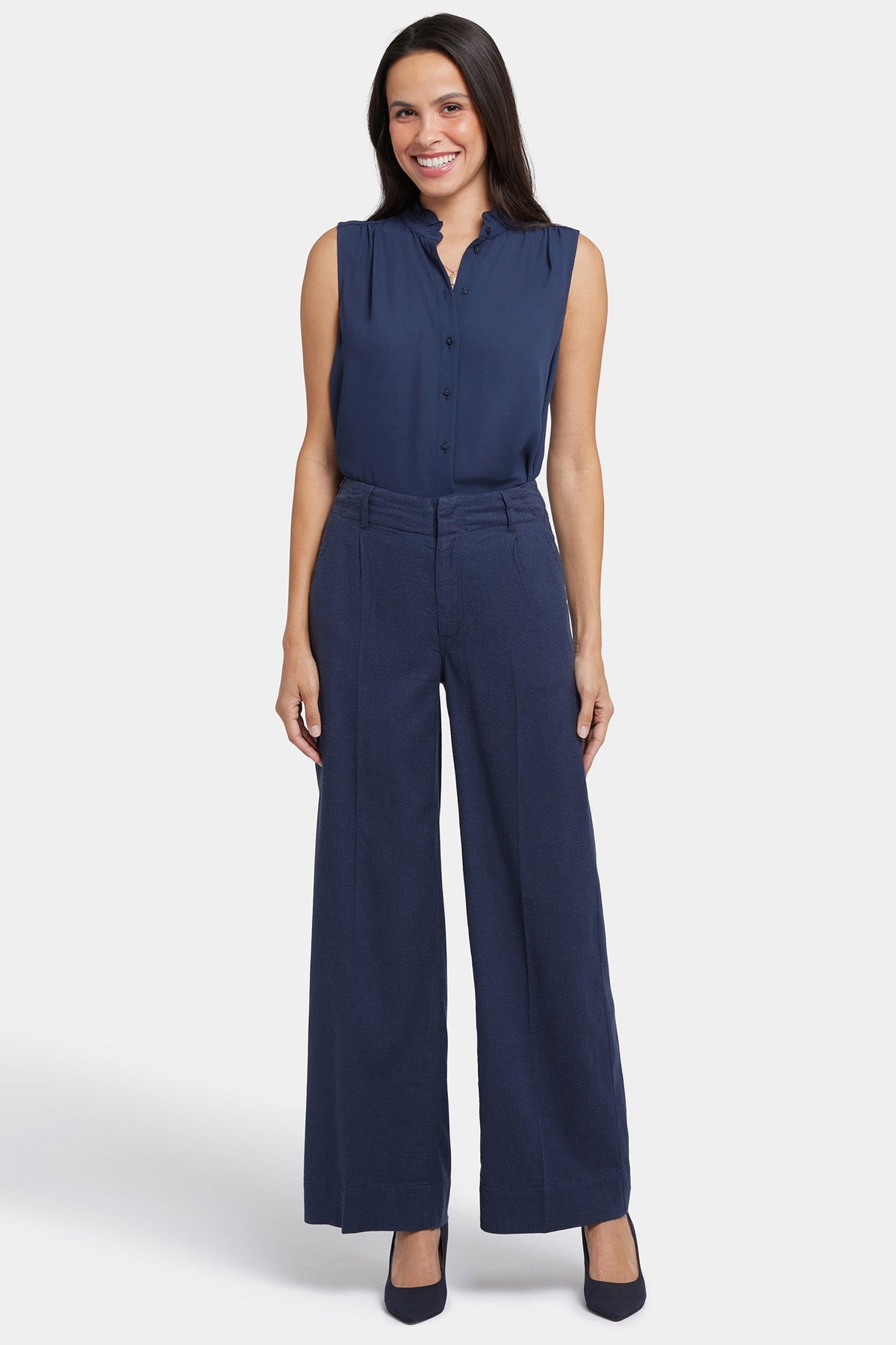 Mona Wide Leg Trouser Pants In Petite - Oxford Navy - wide leg trousers