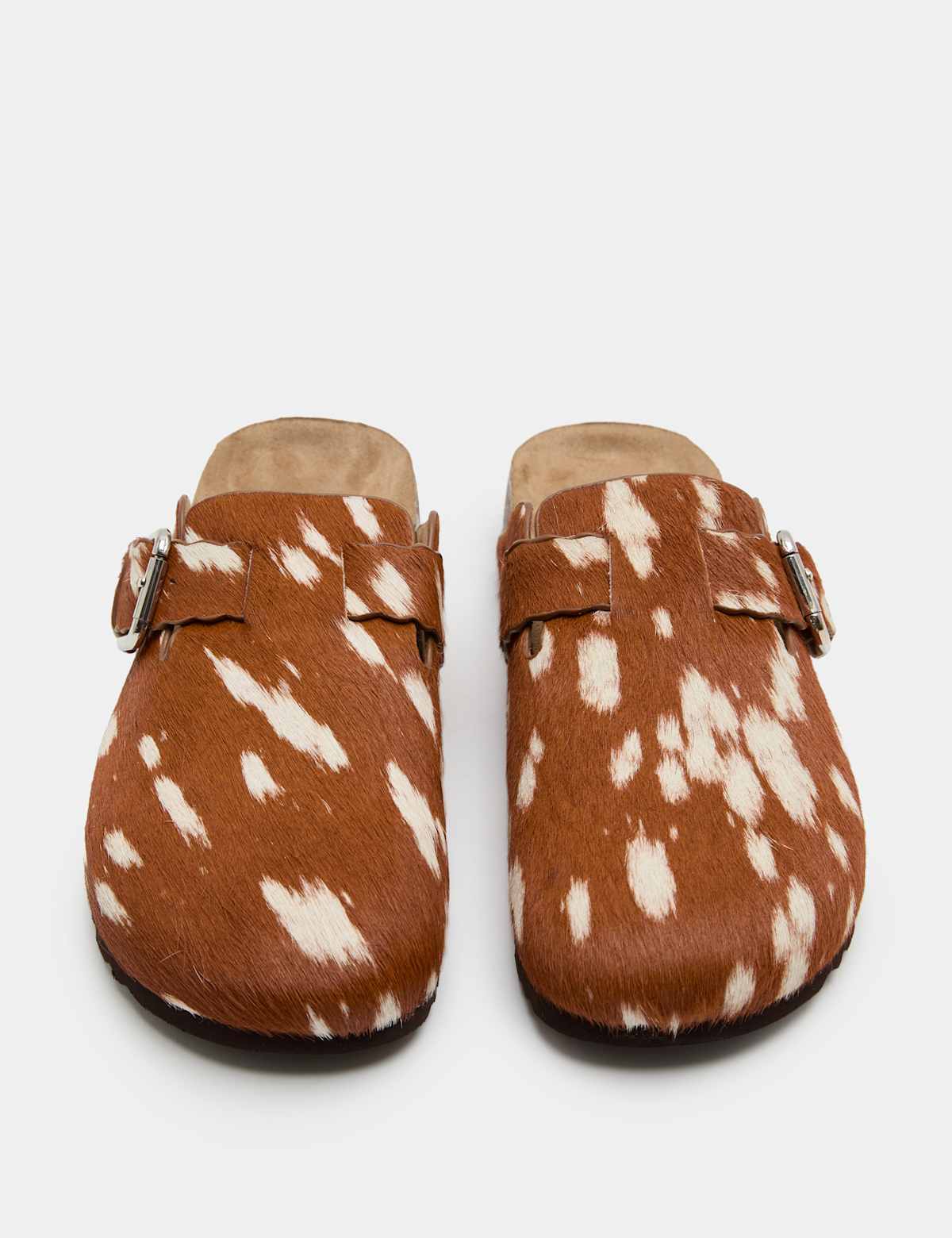 Women's Leather Hair On Animal Print Clogs - Brown | clogs | SAVINTARI