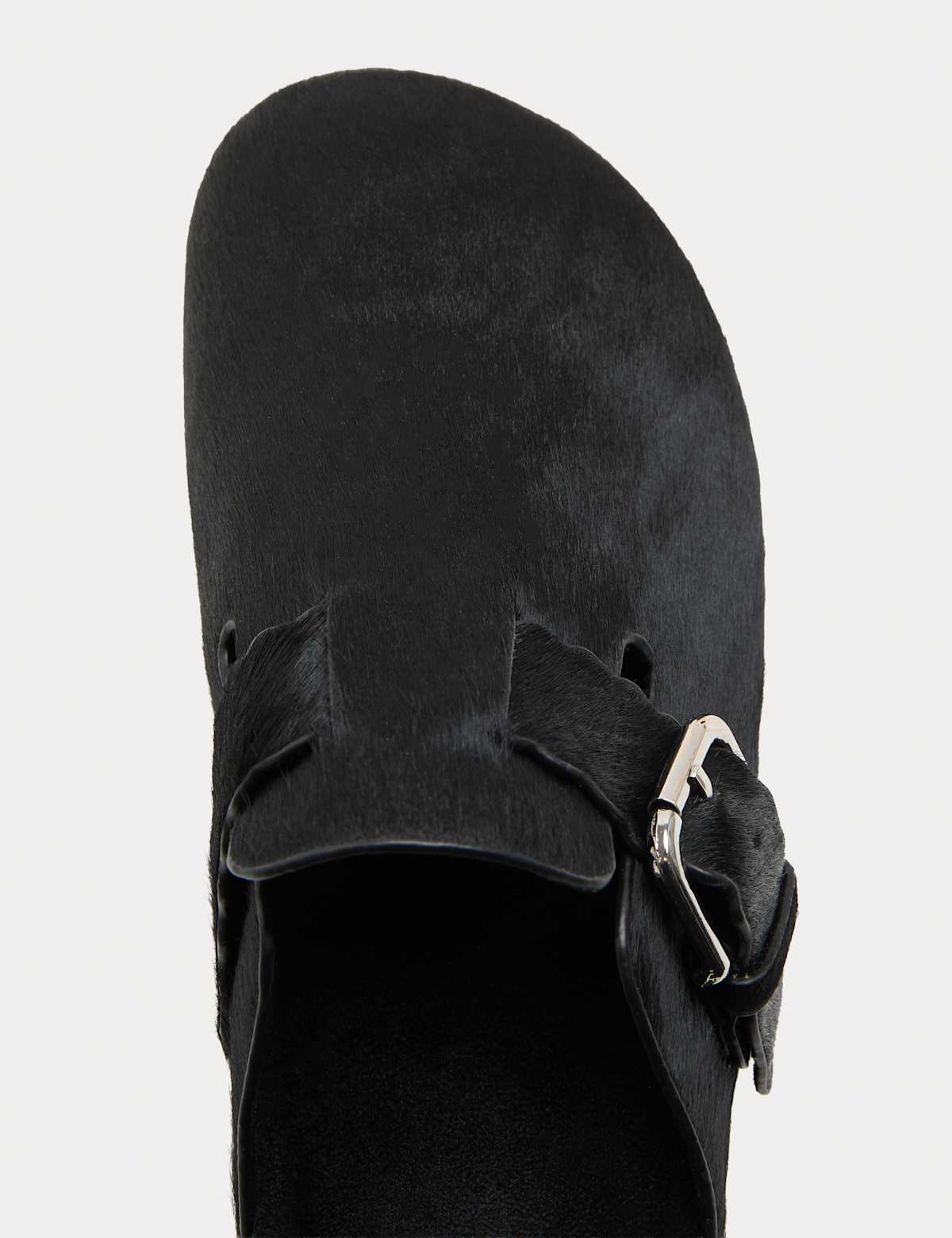 Women's Leather Hair On Scallop Edge Strap Clogs - Black | clogs | SAVINTARI
