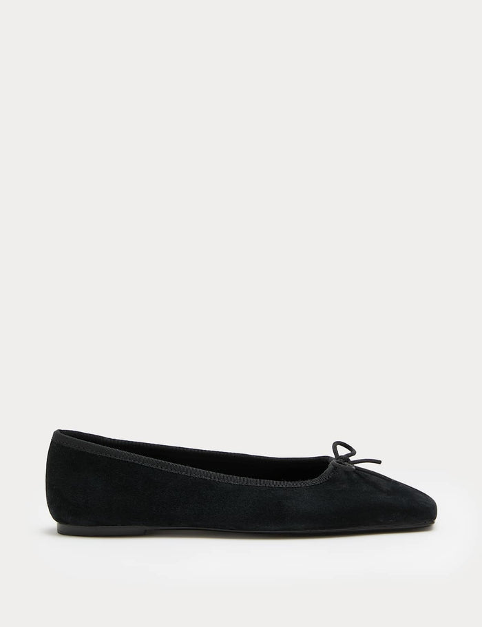 Women's Suede Flat Square Toe Ballet Pumps - Black | Everyday Ballet Flats | SAVINTARI