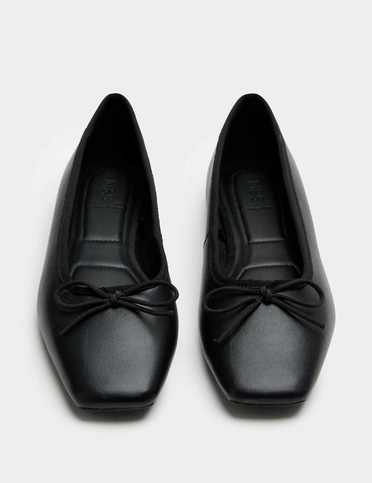 Women's Leather Bow Square Toe Flat Ballet Pumps - Black | SAVINTARI