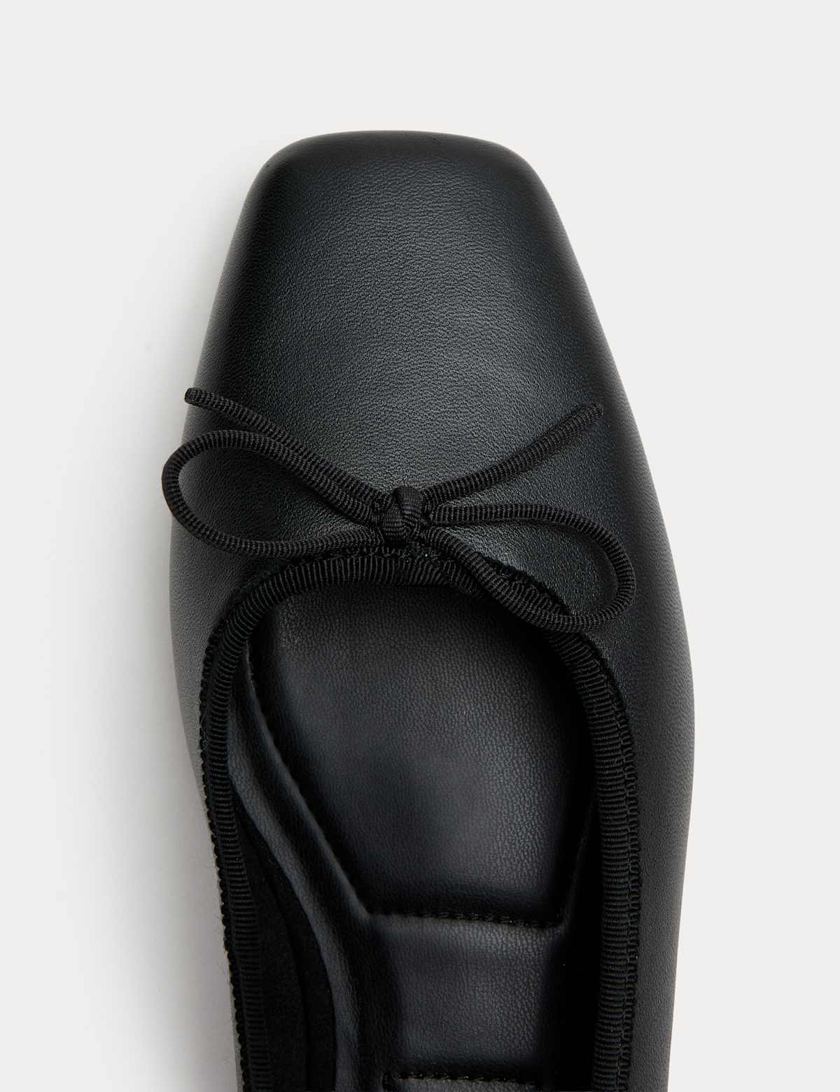 Women's Leather Bow Square Toe Flat Ballet Pumps - Black | SAVINTARI