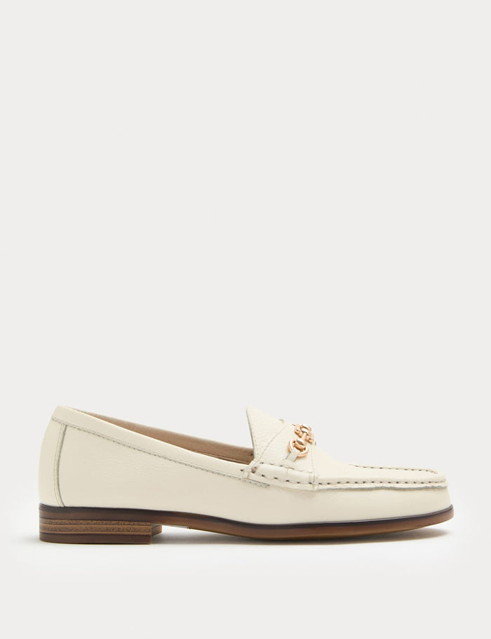 Women's Leather Trim Block Heel Loafers - Cream | Work to Weekend Loafers | SAVINTARI