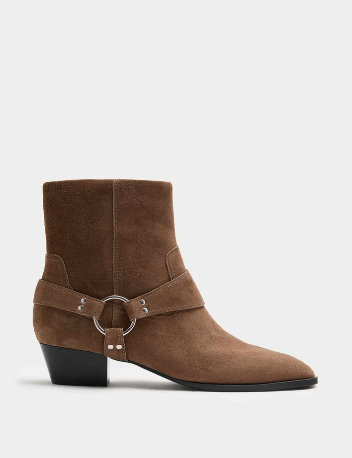 Women's Suede Harness Block Heel Pointed Ankle Boots - Black | Autumn Ankle Boots | SAVINTARI