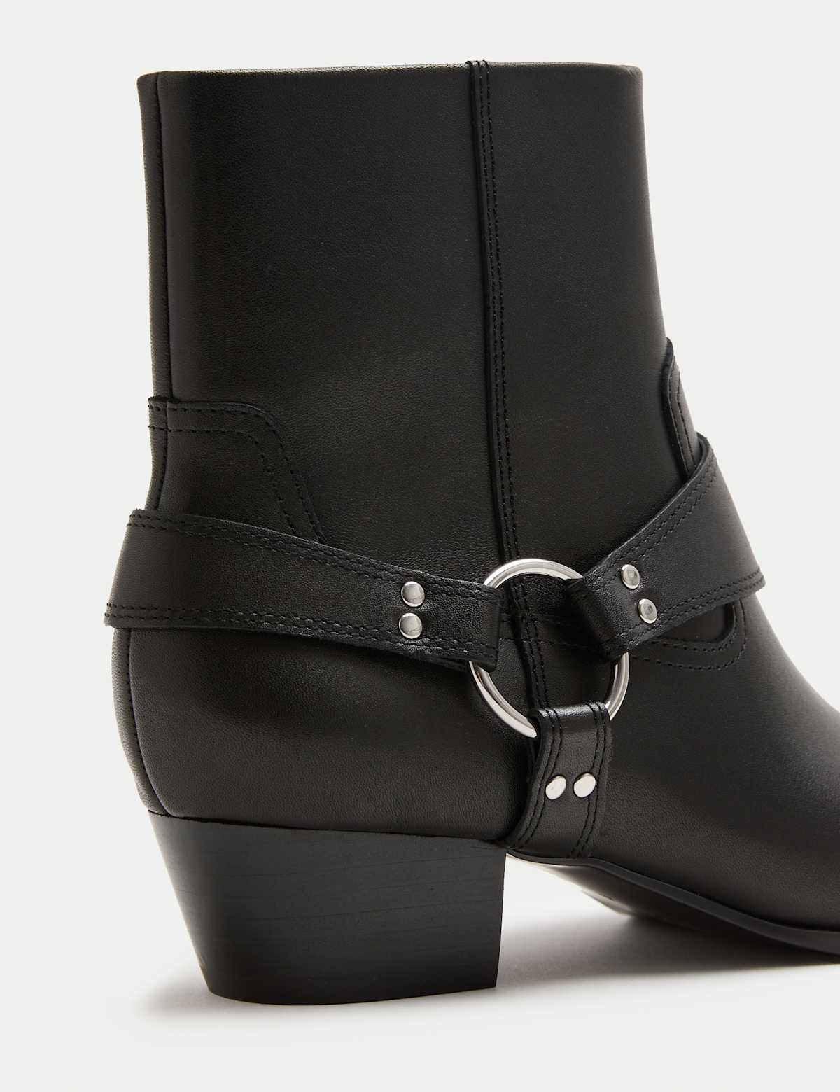 Women's Leather Harness Square Toe Ankle Boots - Black | SAVINTARI