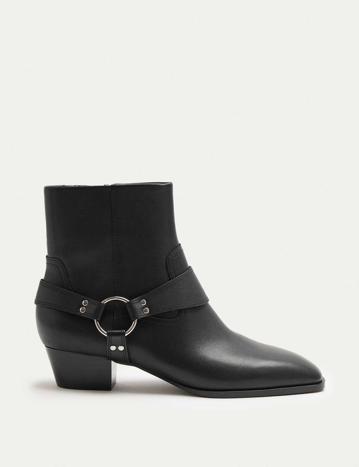 Women's Leather Harness Square Toe Ankle Boots - Black | Autumn Ankle Boots | SAVINTARI
