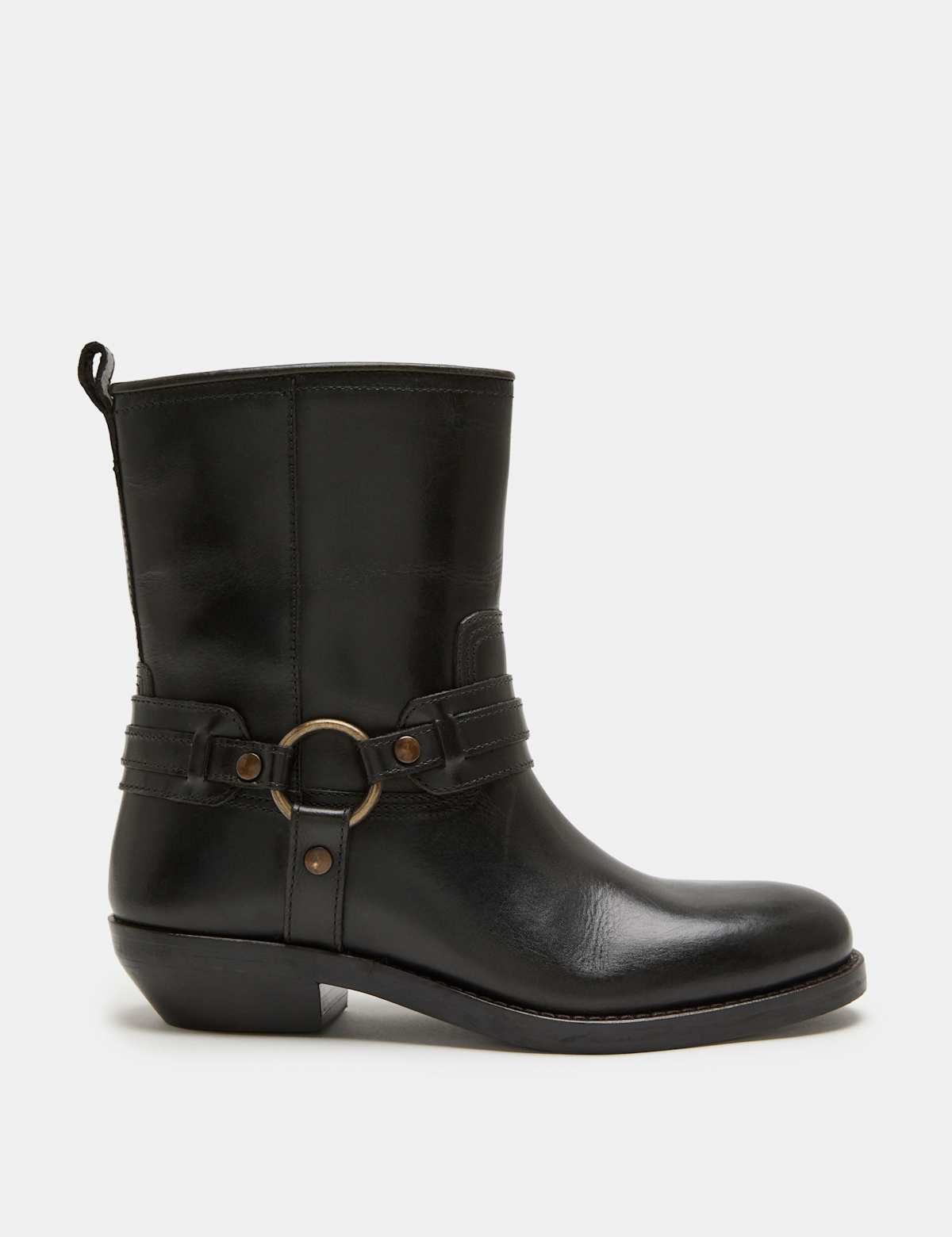 Women's Leather Cowboy Block Heel Mid Calf Boots - Black | SAVINTARI