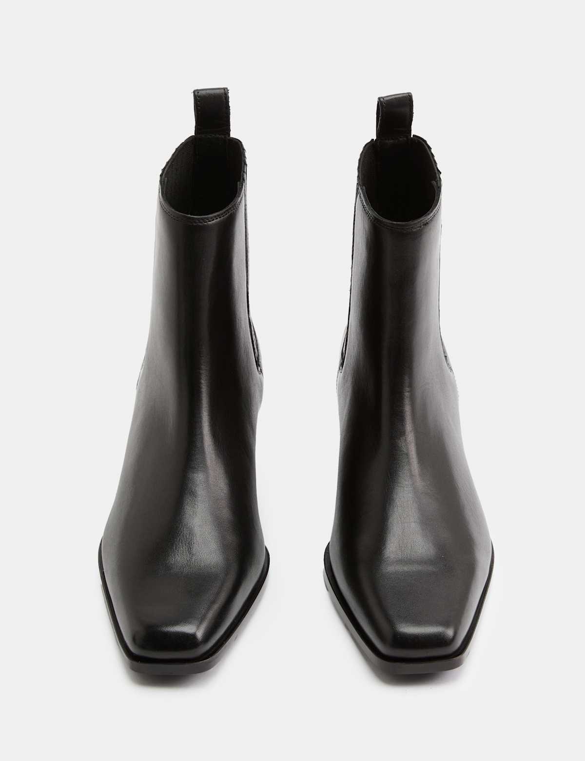 Women's Leather Western Block Heel Ankle Boots - Black | SAVINTARI