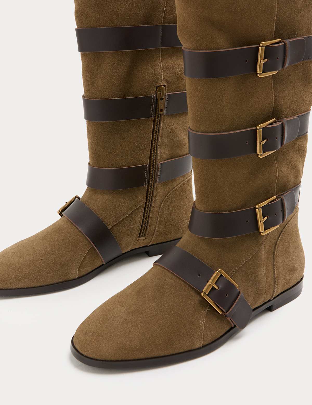 Women's Suede Buckle Strap Mid Calf Flat Boots - Khaki | SAVINTARI