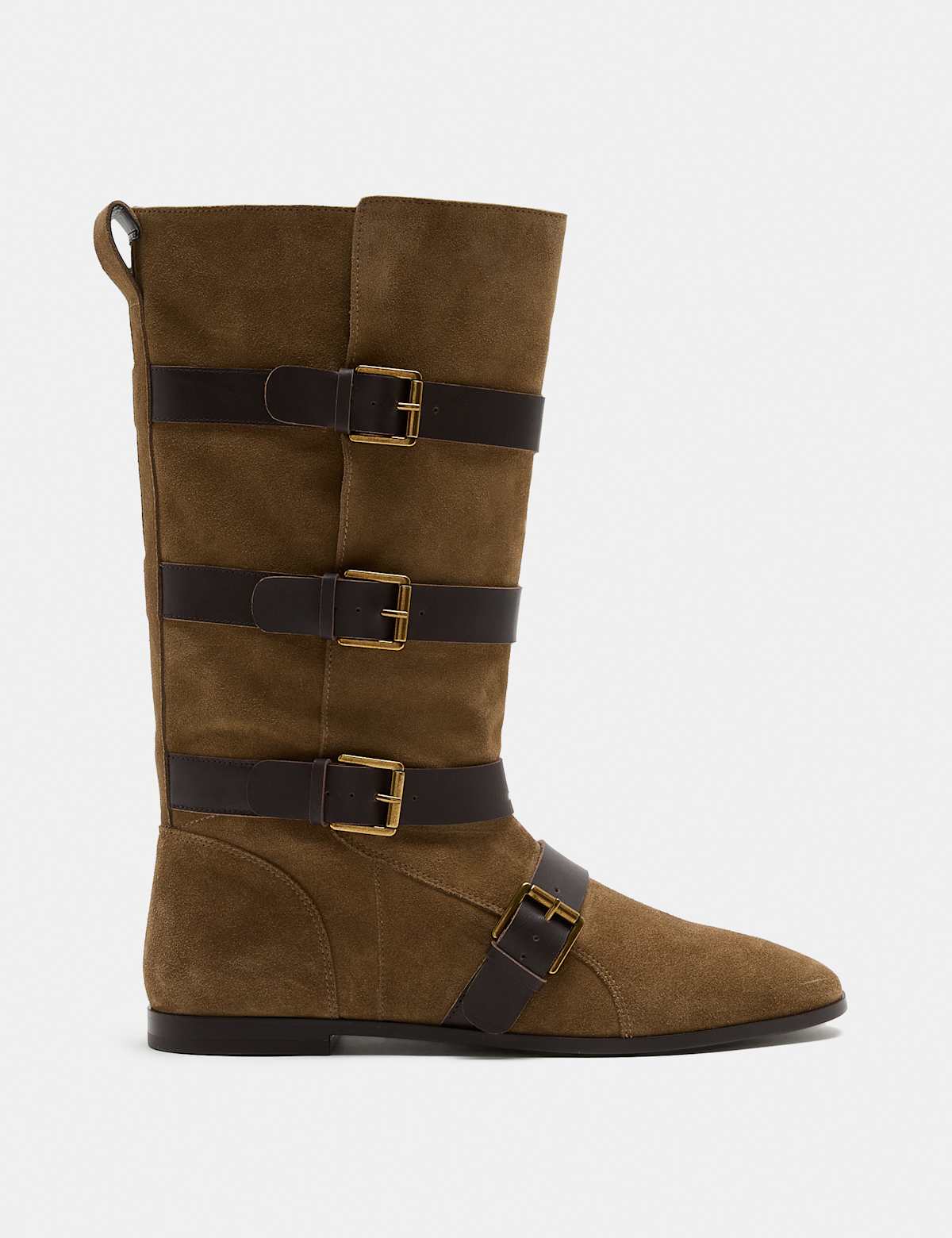 Women's Suede Buckle Strap Mid Calf Flat Boots - Khaki | SAVINTARI