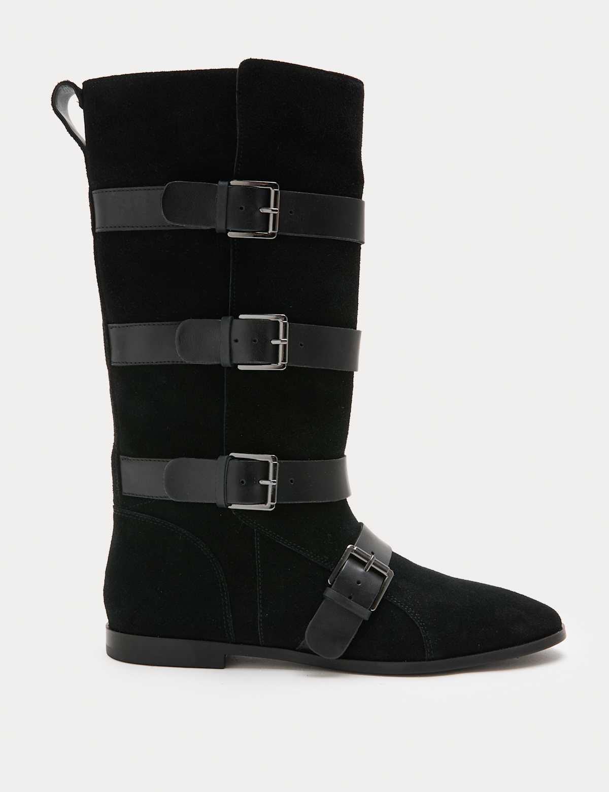 Women's Suede Buckle Strap Mid Calf Flat Boots - Khaki | SAVINTARI