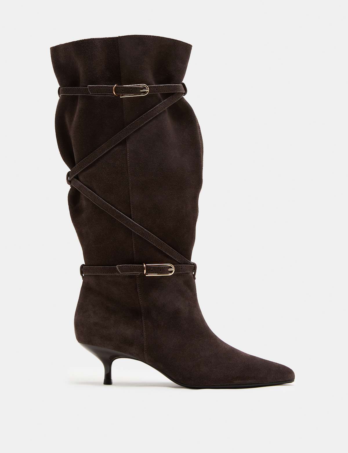 Women's Suede Buckle Wrap Knee High Boots - Black | SAVINTARI