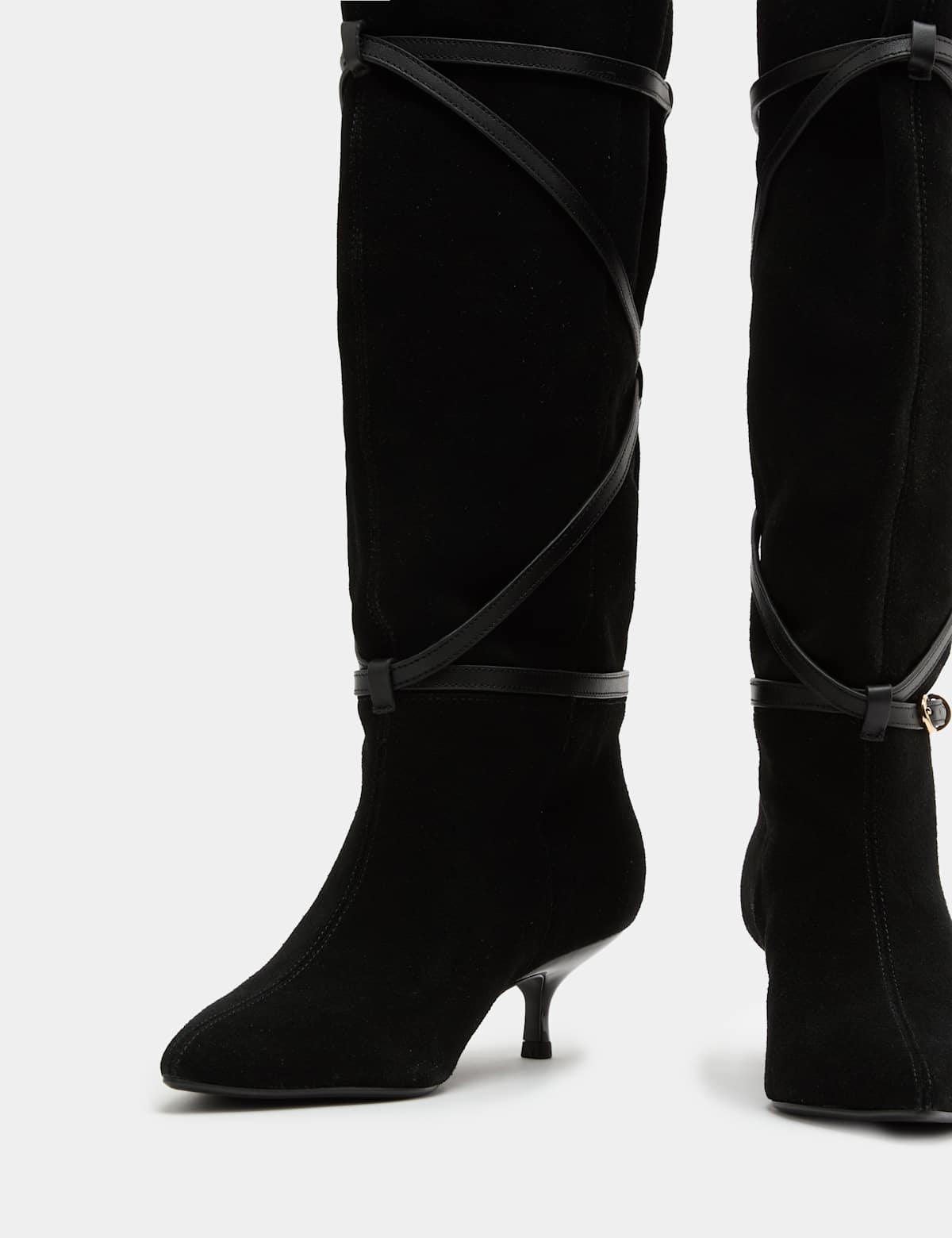 Women's Suede Buckle Wrap Knee High Boots - Black | SAVINTARI