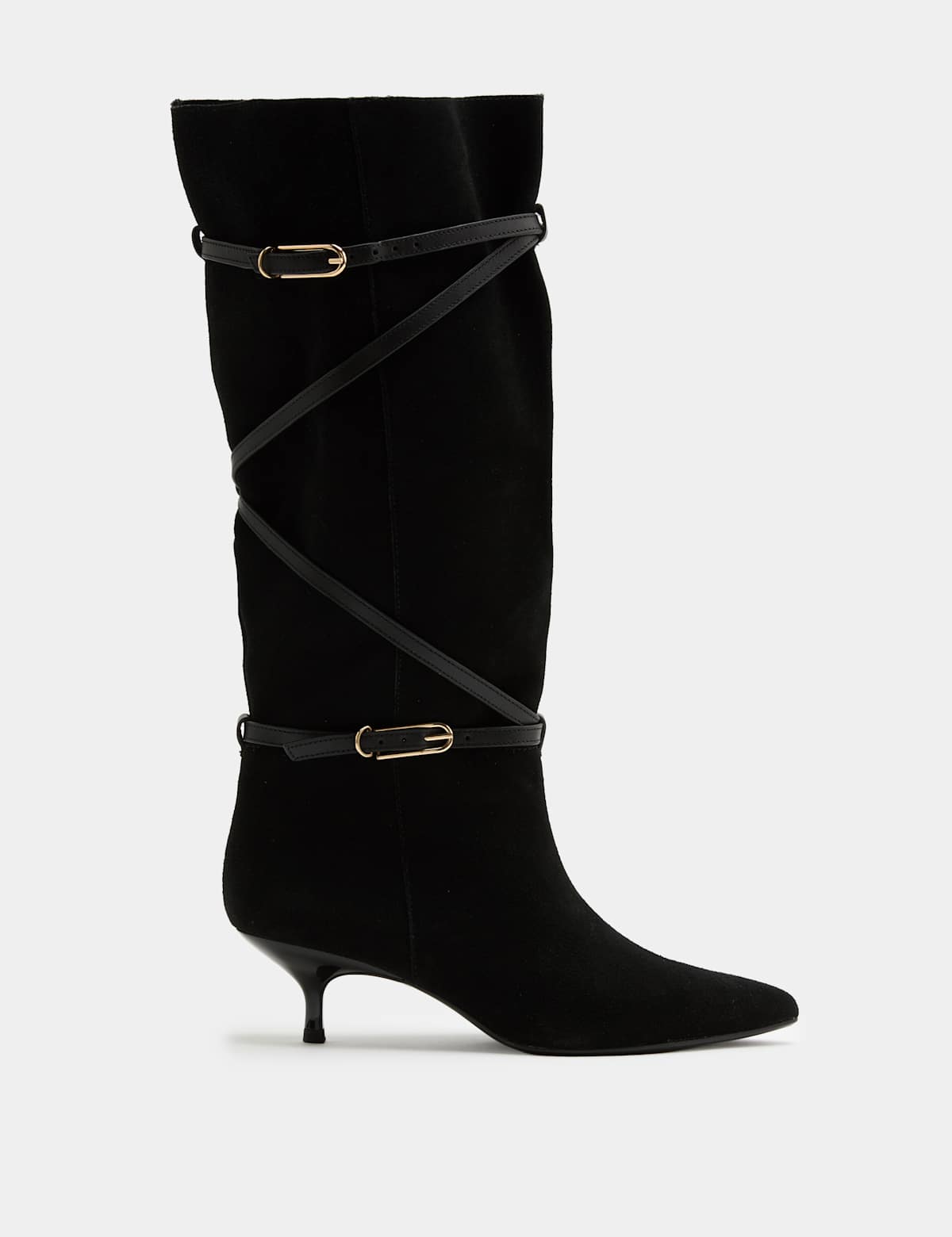 Women's Suede Buckle Wrap Knee High Boots - Black | SAVINTARI