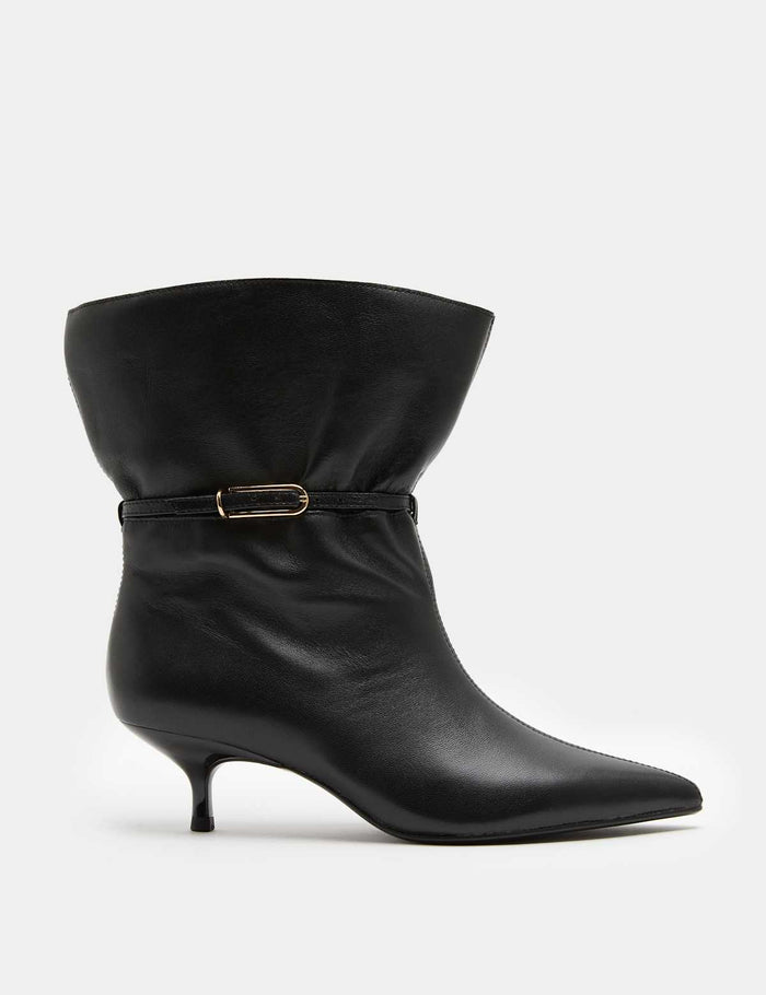 Women's Leather Buckle Ruched Kitten Heel Boots - Black | Season Boots Edit | SAVINTARI