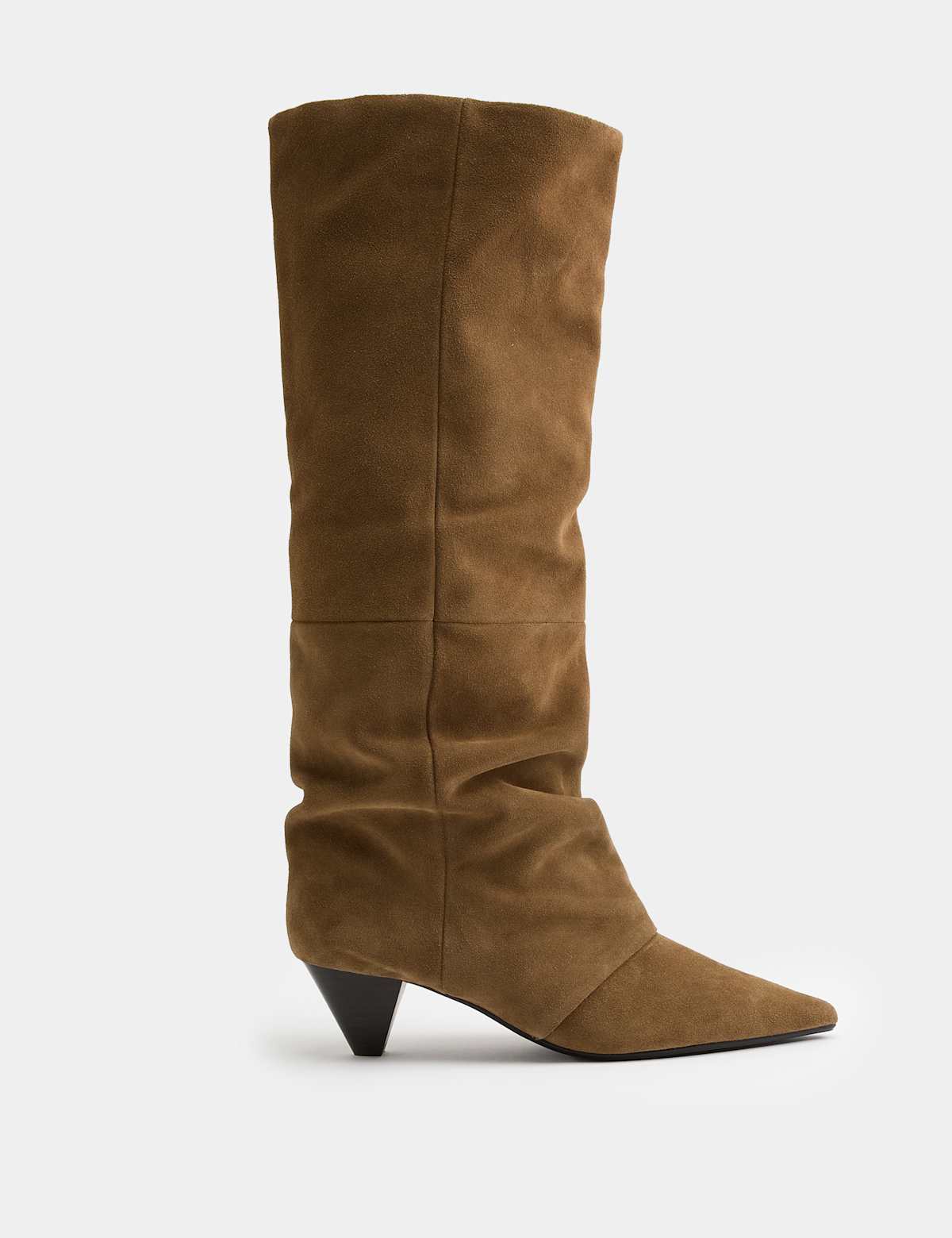 Women's Suede Slouchy Kitten Heel Knee High Boots - Khaki | SAVINTARI