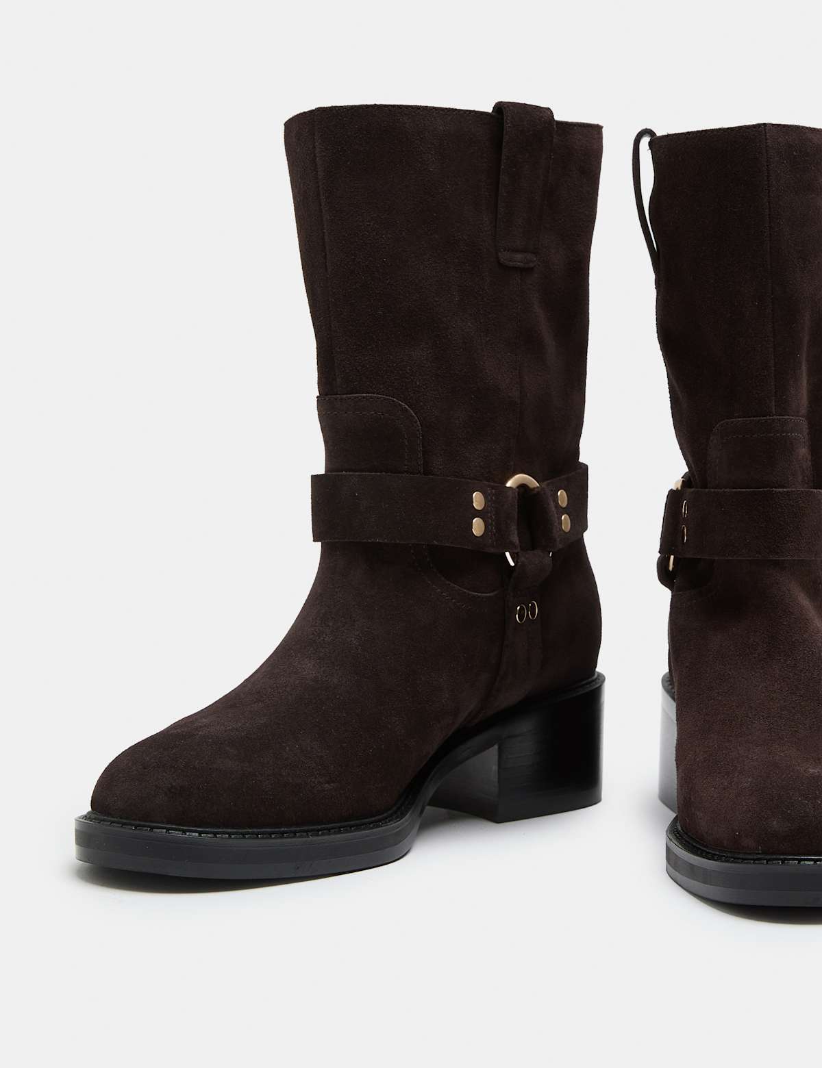 Women's Suede Biker Block Heel Mid Calf Boots - Brown | biker boots | SAVINTARI
