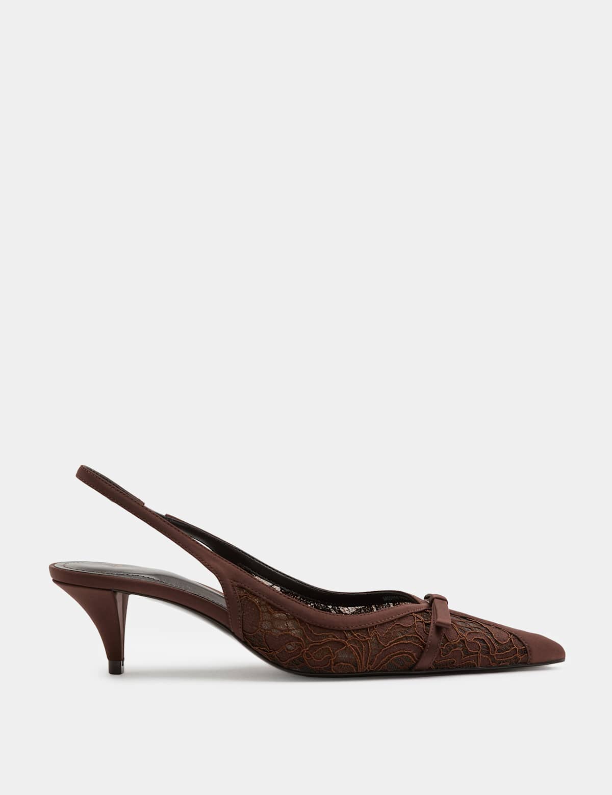 Women's Lace Bow Kitten Heel Pointed Toe Slingback - Black | slingback heels | SAVINTARI